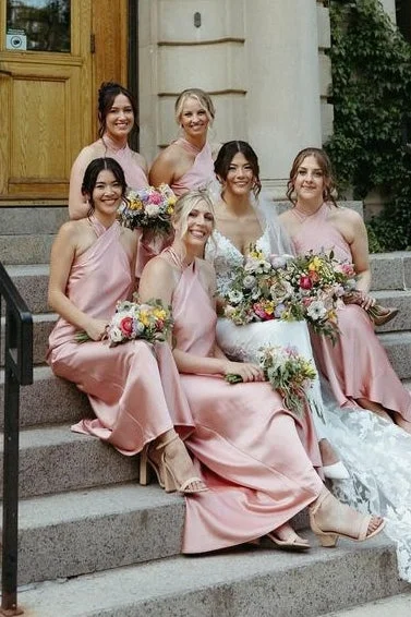 Sparkle Ball Gown Rose Gold Long Bridesmaid Dresses with Criss Cross Neck