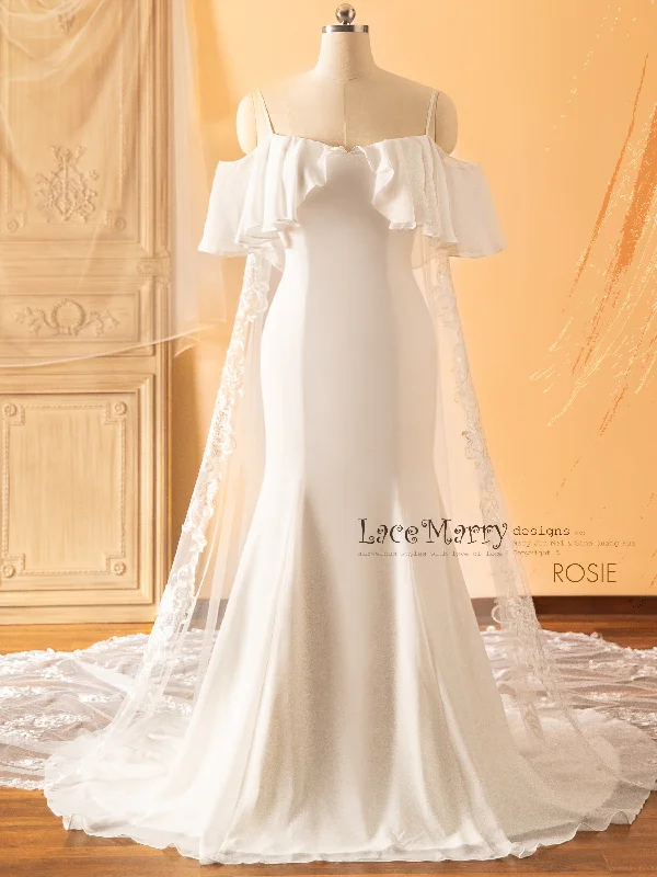 Beautiful Wedding Gown ROSIE / Off Shoulder Wedding Dress with Built-in Lacy Train