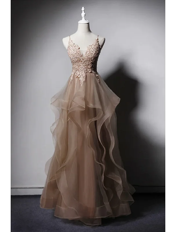 Couture Dress Spaghetti Straps A-Line Appliques Tulle Formal Party Dress with Beading,DP1460