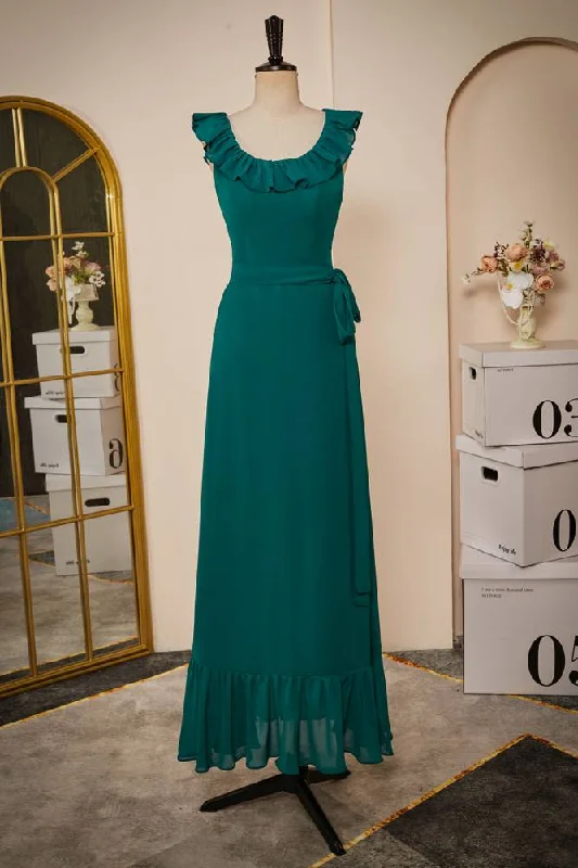 Organza Dress Ruffled Crew Neck Emerald Chiffon Midi Bridesmaid Dress