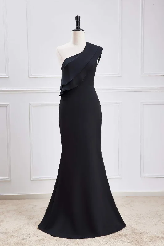 Sheath Wedding Gown Ruffled One Shoulder Black Chiffon Maxi Dress