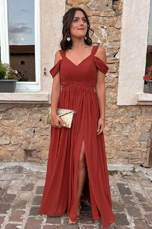 Classic Satin Dress Rust Red Cold Sleeves Pleated Long Bridesmaid Dress with Slit
