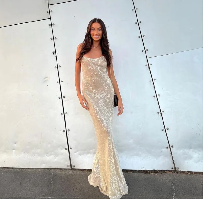Shimmering Dress Champagne Sequined Mermaid Long Prom Dress Evening Party Dress,DP1300