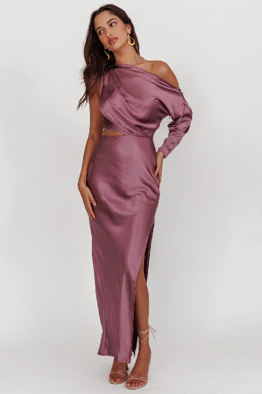 Satin Dress See You Again One Sleeve Maxi Dress Grape