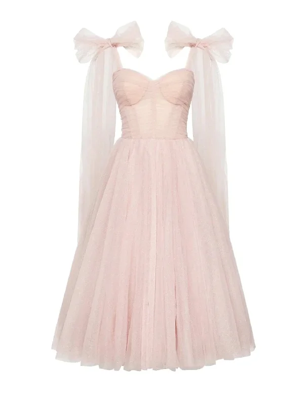 Pleated Gown Light Pink A-Line Tulle Tea Length Party Dress Homecoming Dress,DP1458