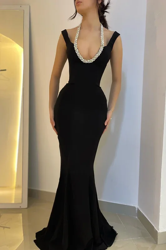 Contemporary Bridal Gown Sexy Black Halter Mermaid Long Prom Dress Evening Dress,DP1468