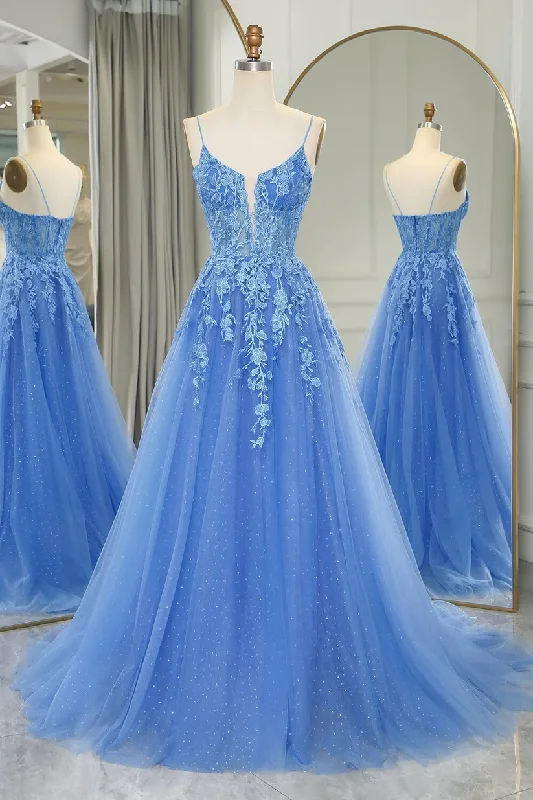 Silk Organza Gown Blue A-Line Straps Lace Appliques Long Prom Dress Formal Party Dress,DP1282 Silk Organza Gown Blue A-Line Straps Lace Appliques Long Prom Dress Formal Party Dress,DP1282
