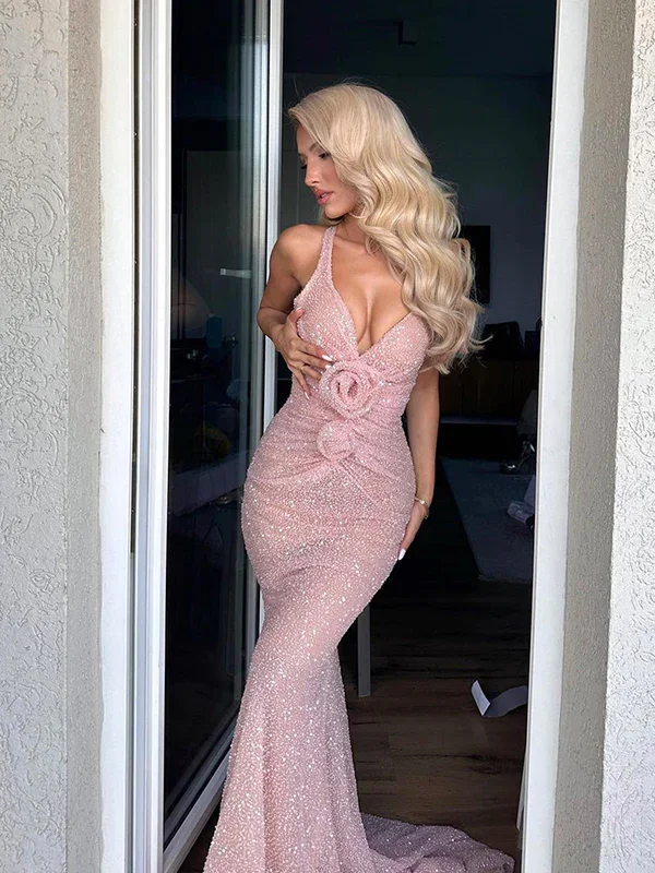 Vintage-Inspired Gown Sexy Pink Mermaid V-Neck Sequins Long Prom Dress,DP1098