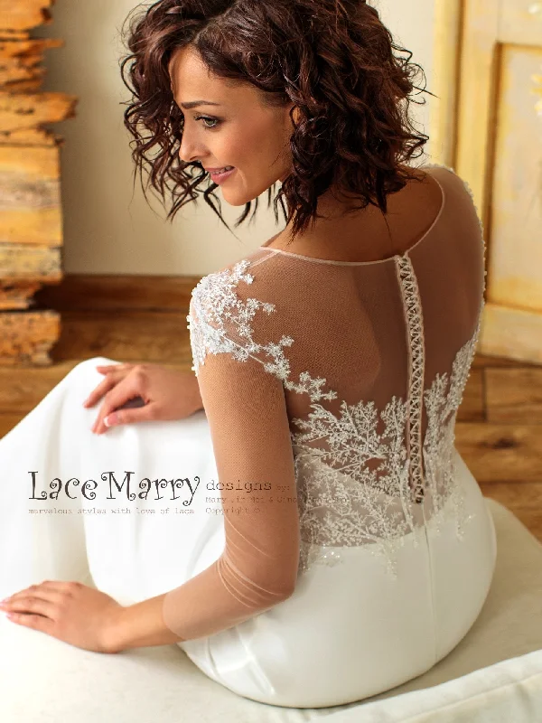 Short Wedding Dress Sheath Boho Wedding Dress with Illusion Top