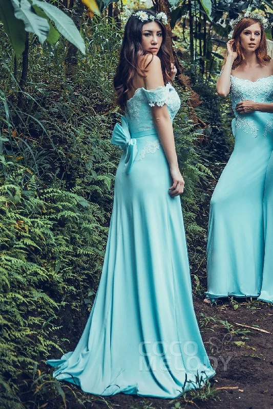 Crystal Embellished Dress Sheath Sweep Train Knitted Fabric Bridesmaid Dress PR3561