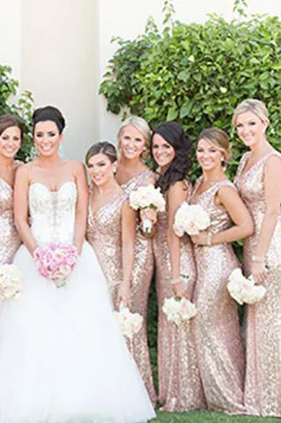 Couture Dress Sheath Rose Gold Sequins Long Bridesmaid Dress