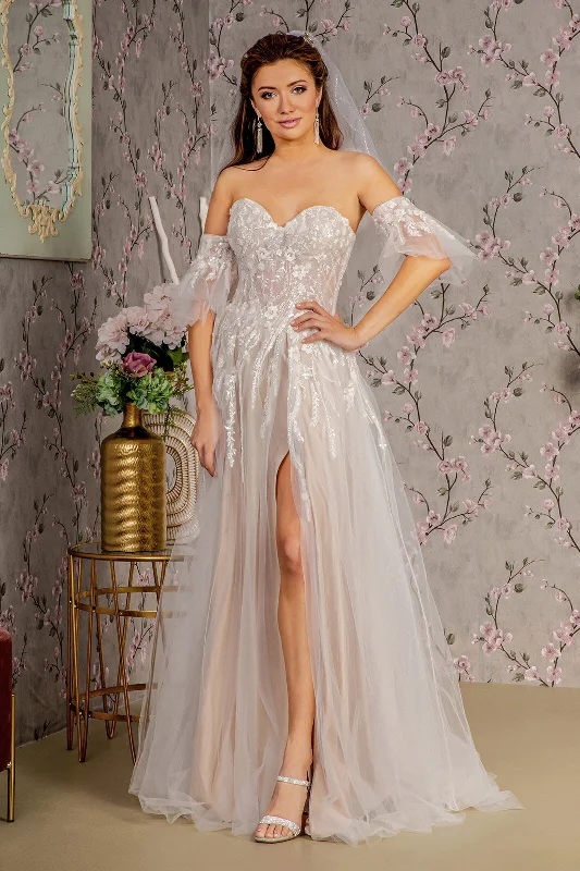 Sheer Bodice Mesh A-line w/ Detachable Short Sleeves Long Wedding Dress GLGL3427