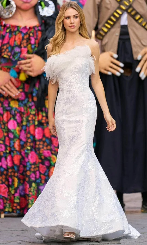 Chic Minimalist Dress Sherri Hill 55327 - Strapless Feathered Detail Wedding Dress