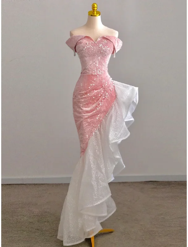 Ball Gown Shiny Pink Off Shoulder Mermaid Chaming Long Prom Dress, DP1462