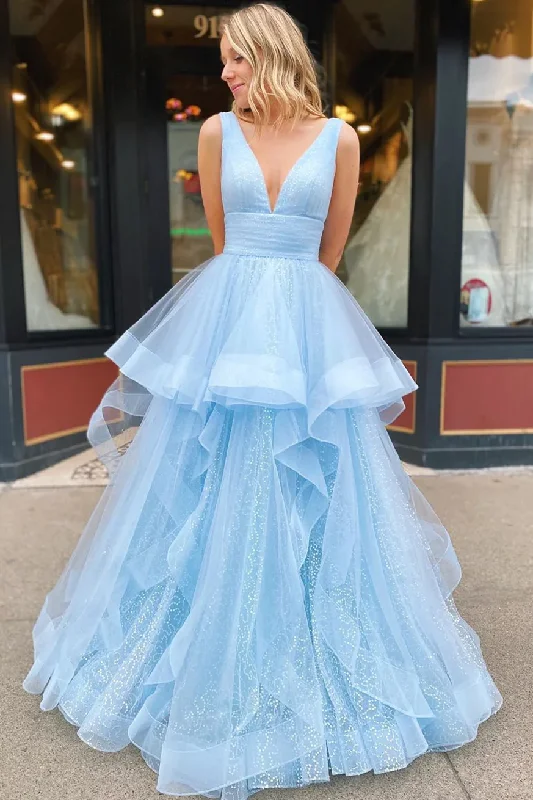 Dramatic Train Gown Light Blue V Neck Tulle Layers A-Line Long Prom Dress Formal Party Dress,DP1284 Dramatic Train Gown Light Blue V Neck Tulle Layers A-Line Long Prom Dress Formal Party Dress,DP1284