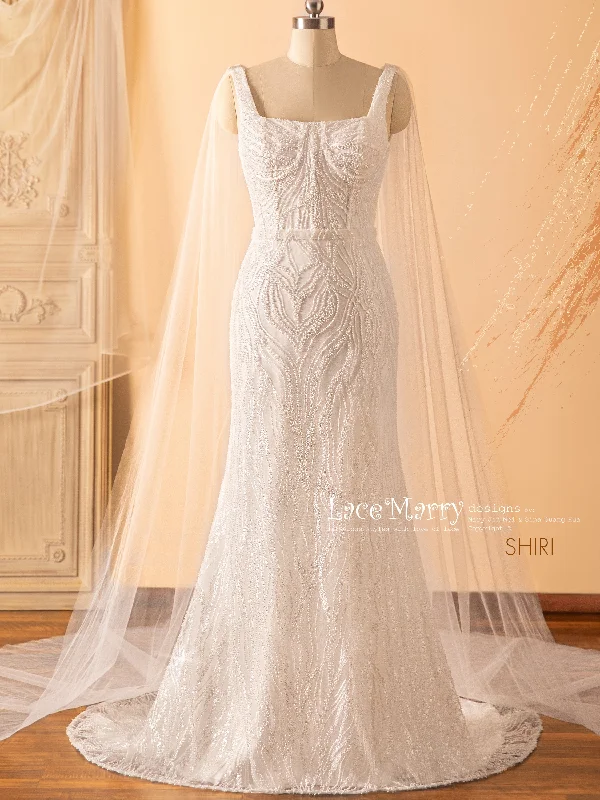 Minimalist Crepe Dress SHIRI / Square Neck Wedding Dress with Separate Cape