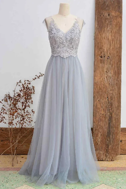 Short Sleeved Light Grey Appliqued Bridesmaid Dress