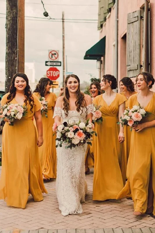 Embroidered Gown Short Sleeves A-line Long Mustard Yellow Bridesmaid Dresses
