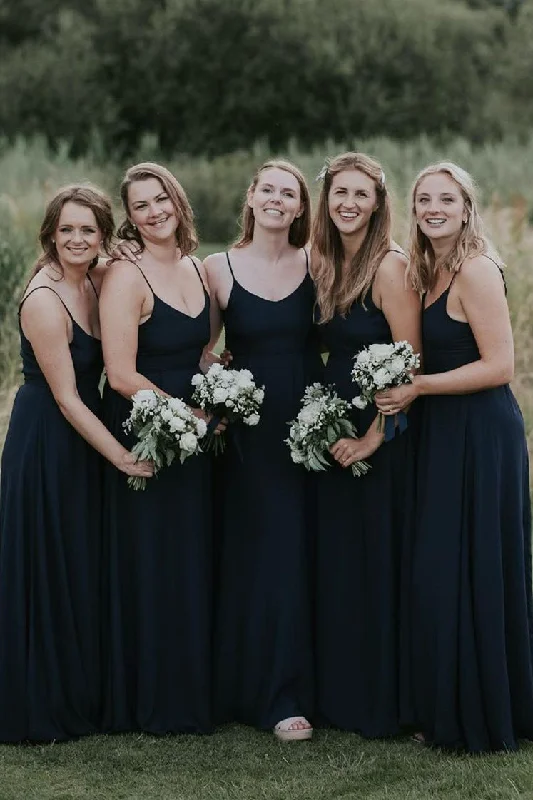 Simple Dark Navy V-Neck Long Bridesmaid Dress