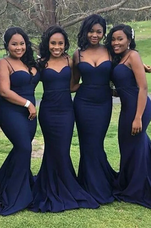 Appliqué Dress Spaghetti Straps Long Navy Blue Mermaid Bridesmaid Dress