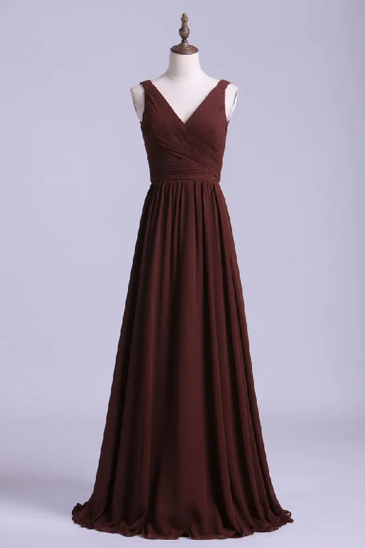 Simple V-Back Brown Long Bridesmaid Dress