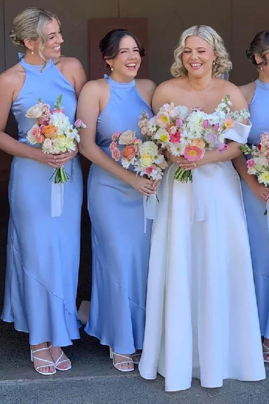 Stunning Wedding Gown Sky Blue Halter Satin Long Bridesmaid Dress