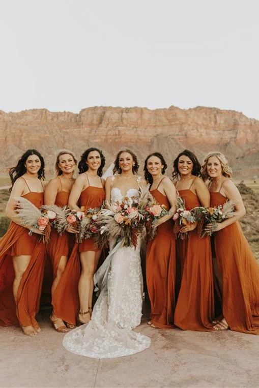 Stunning Chiffon Dress Spaghetti Strap Long A-line Pumpkin Bridesmaid Dresses