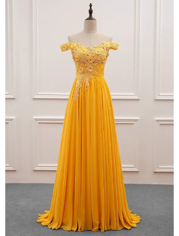 Classic Gown Yellow Off Shoulder A-Line Appliques Long Prom Dress Formal Party Dress,DP1461