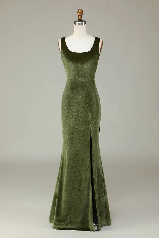 Designer Gown Square Neck Olive Green Velvet Slit Long Bridesmaid Dress