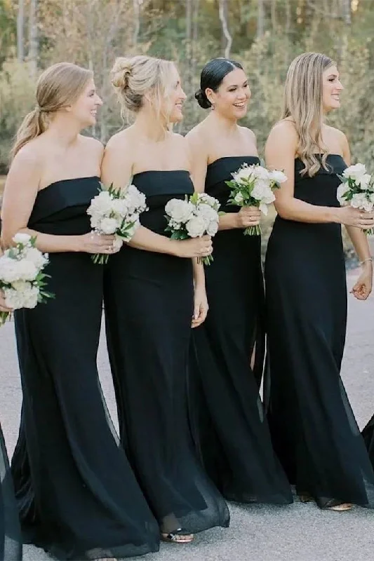Princess Gown Strapless Black Chiffon Long Bridesmaid Dress with Slit