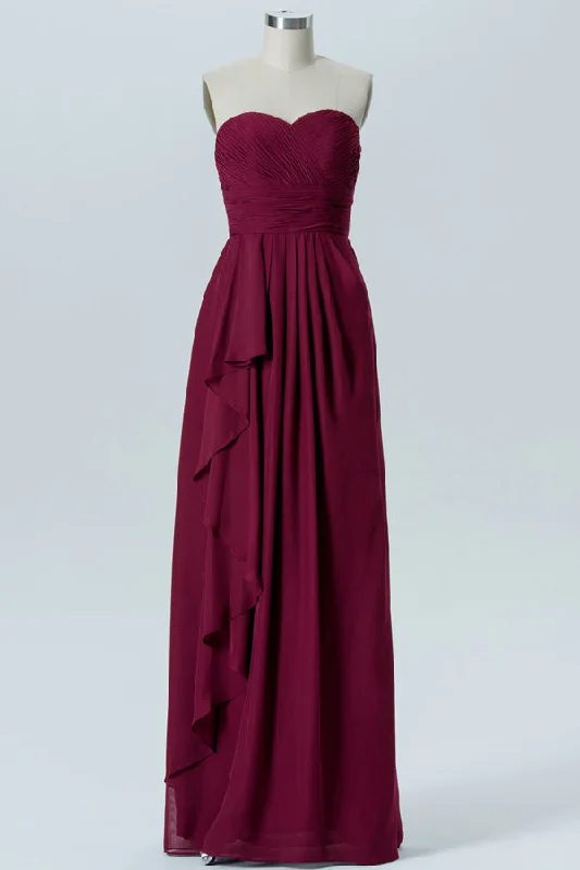 Strapless Pleated Wine Red Ruffle Bridesmaid Dress