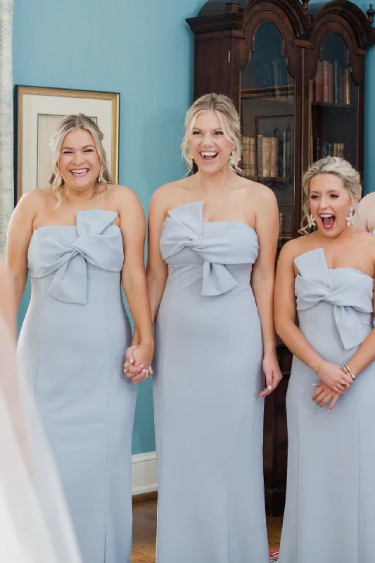 Lace Dress Strapless Tie Front Light Grey Long Bridesmaid Dress
