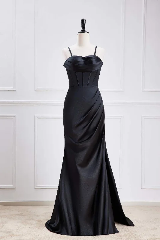 Minimalist Crepe Dress Straps Black Satin Mermaid Bridesmaid Dress with Slit