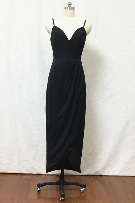 Boho Gown Straps Black Sheath Tea Length Bridesmaid Dress