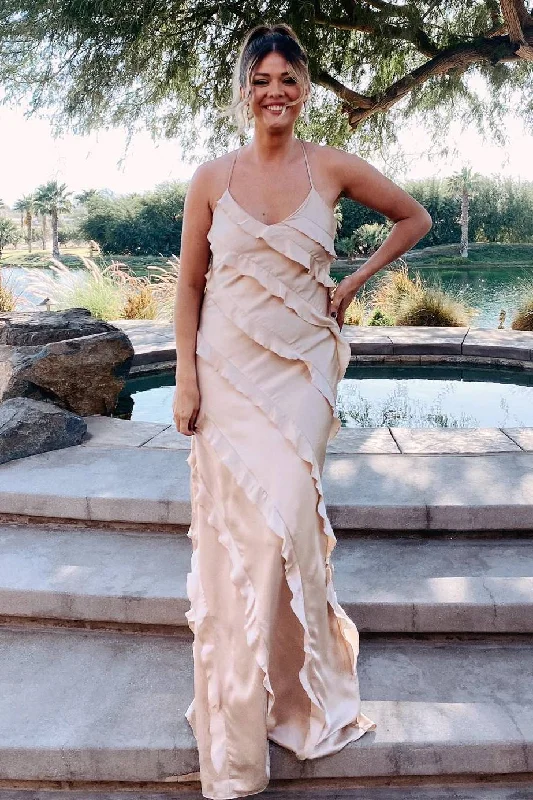 Long Sleeve Dress Straps Champagne Ruffle Maxi Bridesmaid Dress