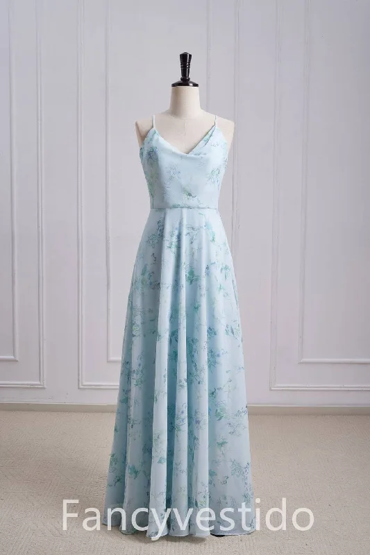Empire Line Gown Straps Cowl Neck Floral Print Chiffon Bridesmaid Dress