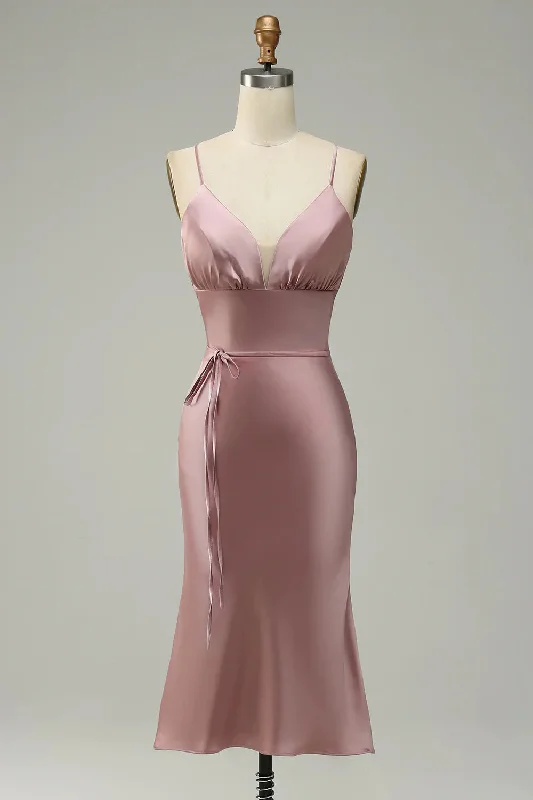 Regal Satin Gown Straps Dusty Rose Tea Length Satin Midi Bridesmaid Dress