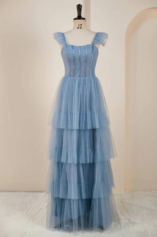 Bridal Gown Straps Misty Blue Tiered Ruffles Long Bridesmaid Dress