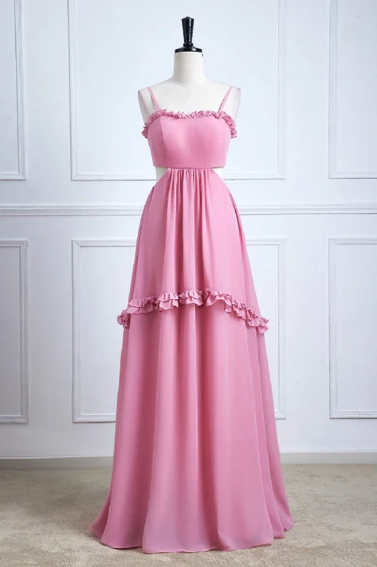 Stunning Chiffon Dress Straps Powder Pink Bow Tie Back Ruffle Chiffon Maxi Dress