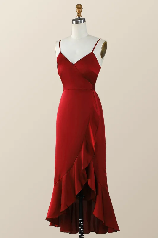 High Neck Dress Straps Red Ruffle Hi-Low Long Bridesmaid Dress