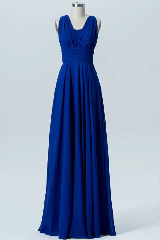 Straps Royal Blue Pleated Long Bridesmaid Dress