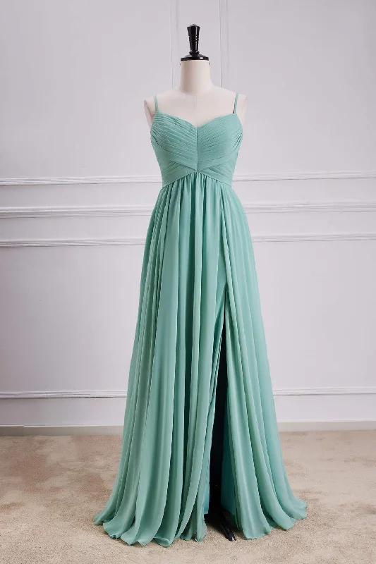 Floral Appliqué Gown Straps Sage Chiffon Pleated Long Bridesmaid Dress