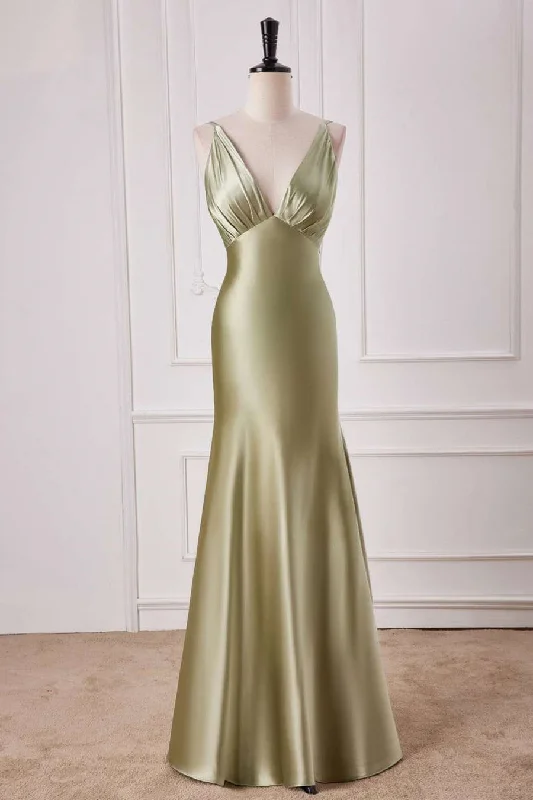 Wedding Gown Straps Sage Empire Waist Pleated Satin Maxi Dress