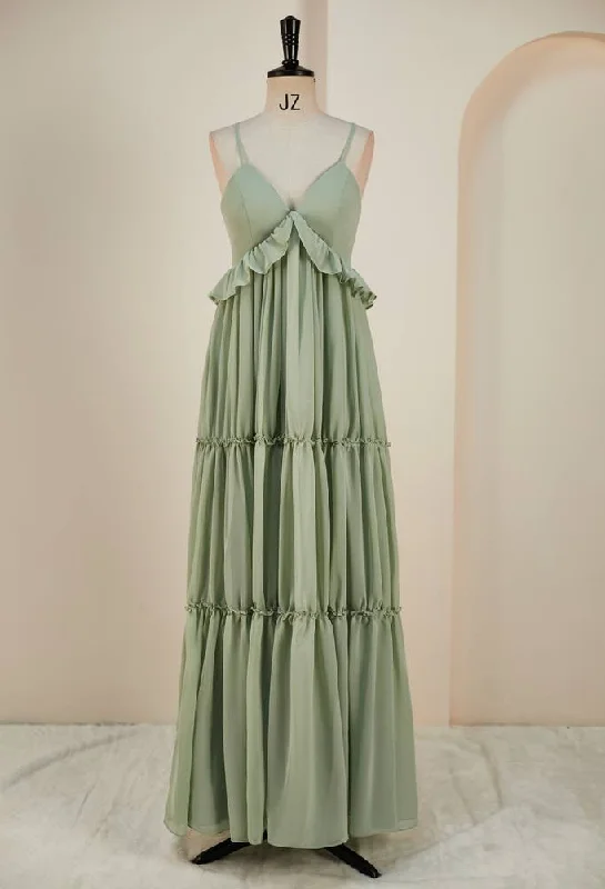 Designer Gown Straps Sage Green Pleated Long Bridesmaid Dress