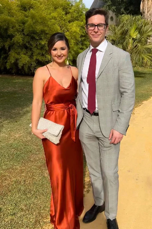Vintage Lace Dress Straps V-Neck Burnt Orange Long Bridesmaid Dress
