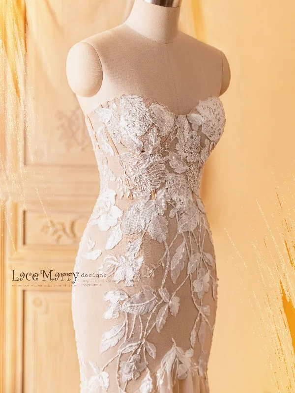 Feathered Gown SUDE / Mermaid Strapless Wedding Dress with Amazing Flower Appliques Feathered Gown SUDE / Mermaid Strapless Wedding Dress with Amazing Flower Appliques