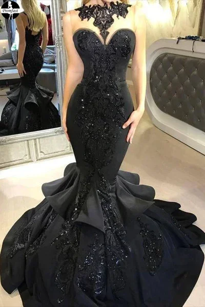 Feathered Gown Black Sweetheart Beading Sequin Mermaid Long Evening Dress,DP1455