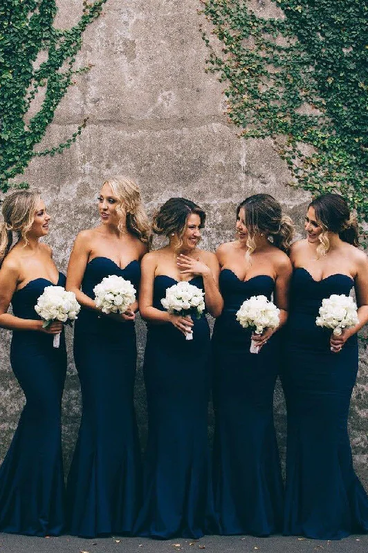 Ruffled Ball Gown Sweetheart Navy Blue Mermaid Bridesmaid Wedding Party Dress