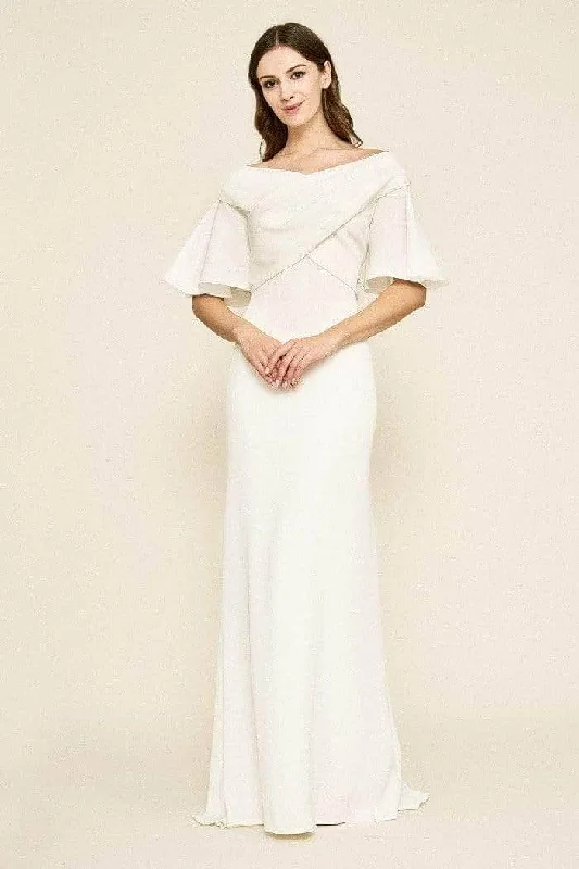 Satin Dress Tadashi Shoji - ALG19141LBR Short Bell Sleeve Off-shoulder Long Gown - 1 pc Ivory In Size 12 Available Satin Dress Tadashi Shoji - ALG19141LBR Short Bell Sleeve Off-shoulder Long Gown - 1 pc Ivory In Size 12 Available