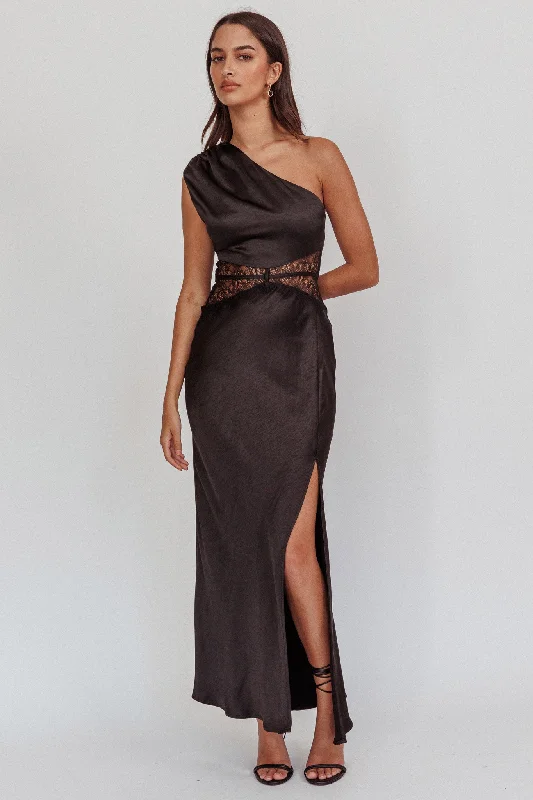 Designer Gown Tarly Lace Waist One-Shoulder Maxi Dress Black